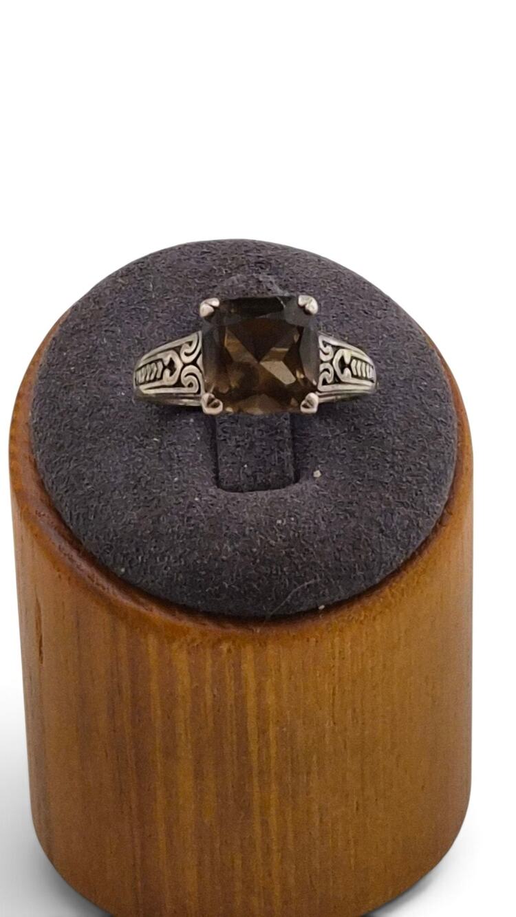 Vintage Sterling Silver Smoky Quartz Ring Size 8 Ornate Scroll Design
